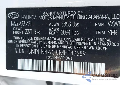 2021 Hyundai Elantra Sel z USA, uszkodzony, nr VIN 5NPLN4AG8MH043589